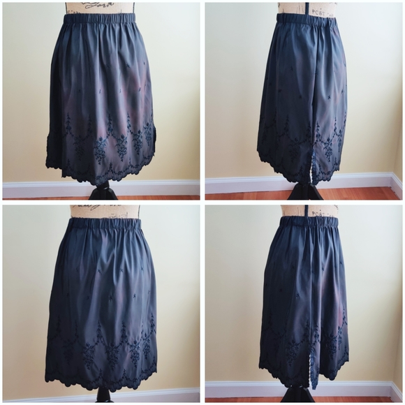 Vintage 1940s Black Taffeta Slip Skirt Floral Embroidered Scalloped Hem - Picture 7 of 11